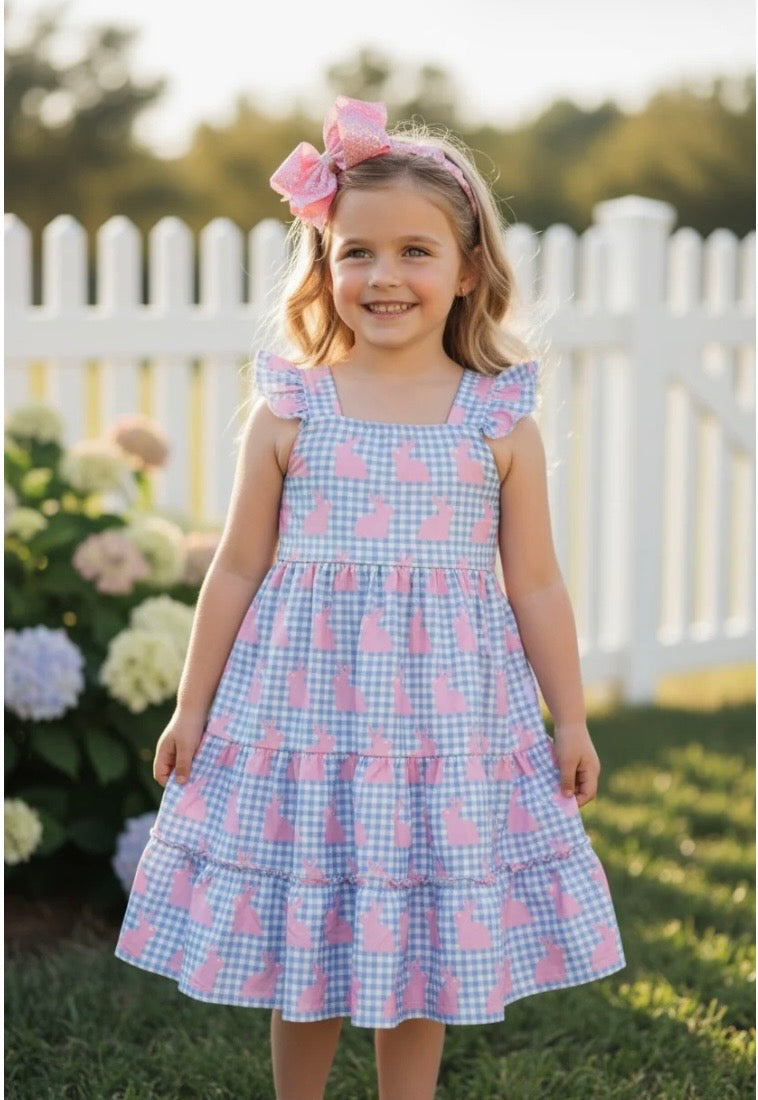 Gingham Blue & White Pink Bunny Dress