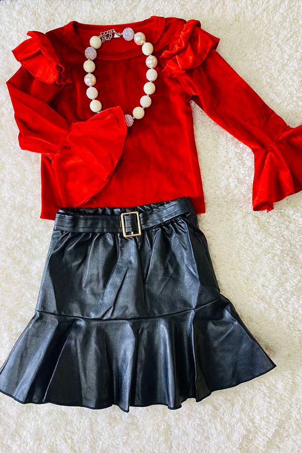 Red velvet ruffle sleeve top leather skirt girls set