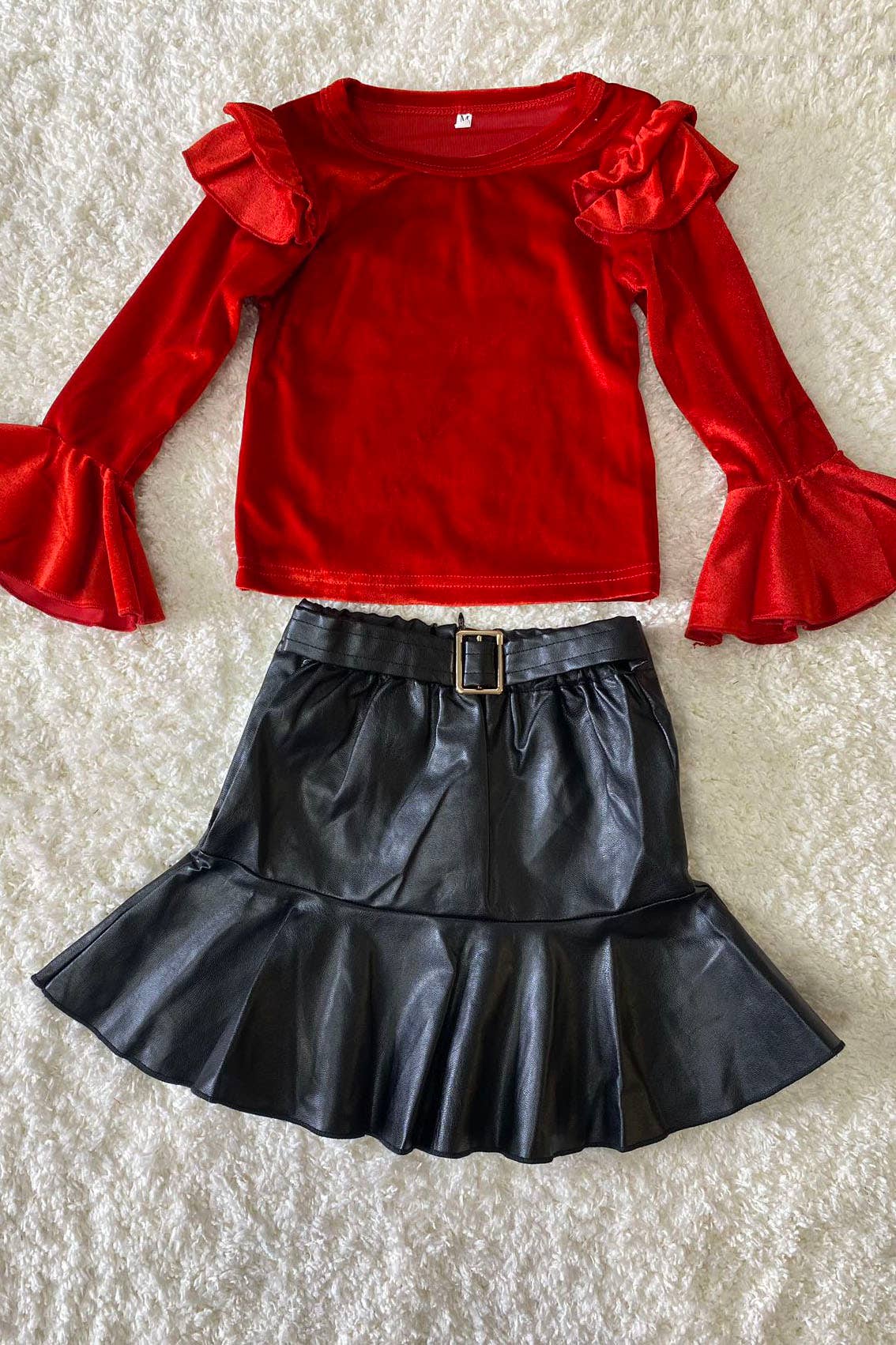 Red velvet ruffle sleeve top leather skirt girls set