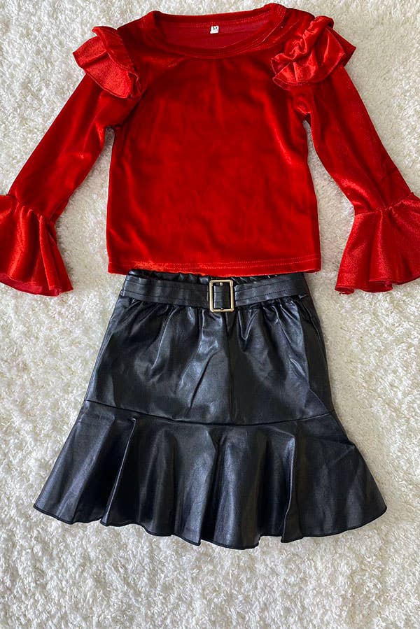 Red velvet ruffle sleeve top leather skirt girls set