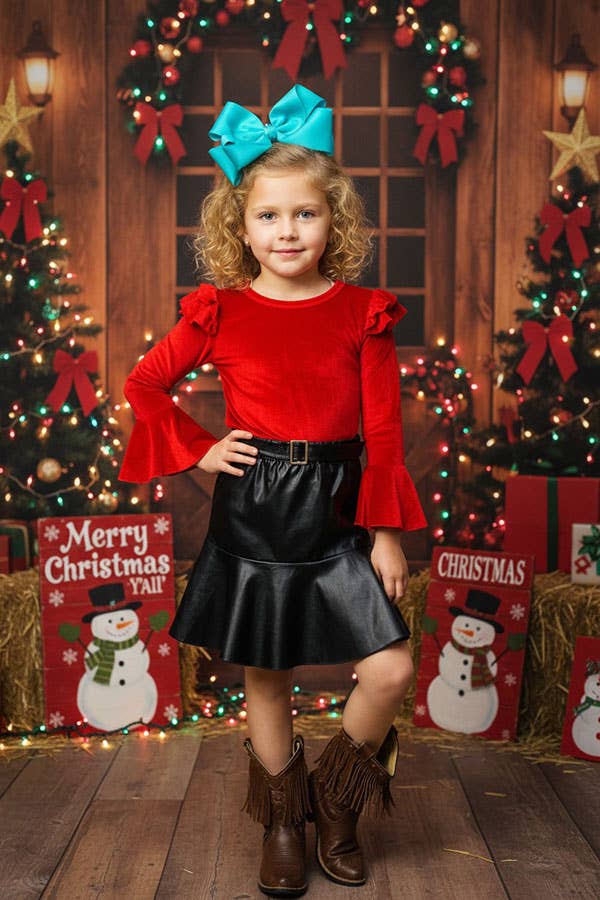 Red velvet ruffle sleeve top leather skirt girls set