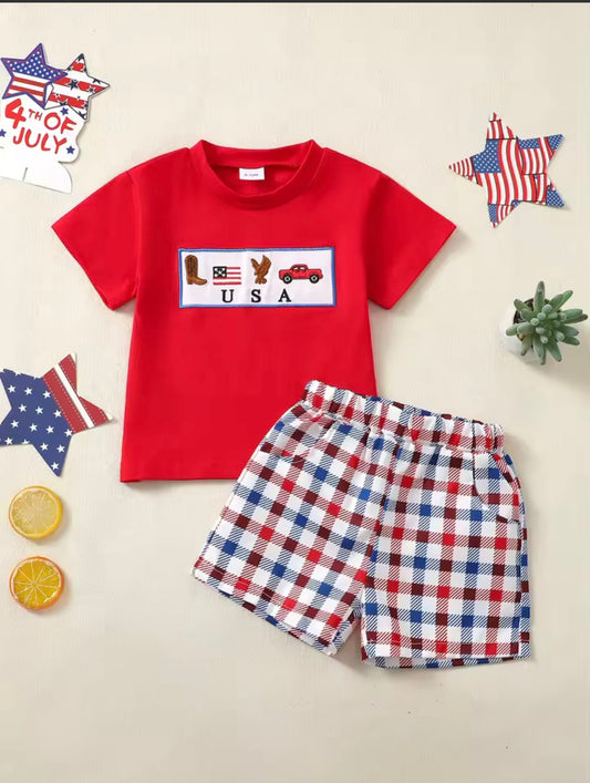 Boys USA Plaid Short Set