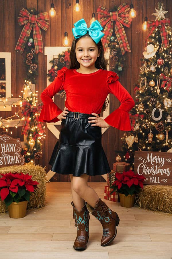 Red velvet ruffle sleeve top leather skirt girls set