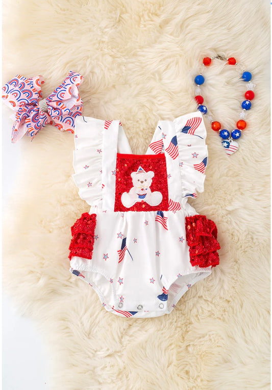 PATRIOTIC TEDDY BEAR BABY ONESIE WITH RUFFLE BUTT