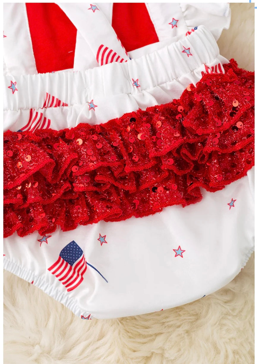 PATRIOTIC TEDDY BEAR BABY ONESIE WITH RUFFLE BUTT