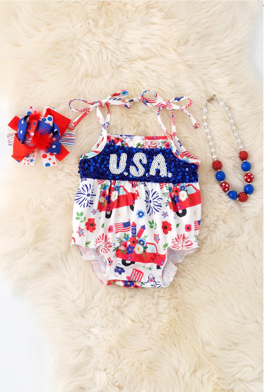 USA SEQUINS DETAIL BABY ONESIE W/SNAPS